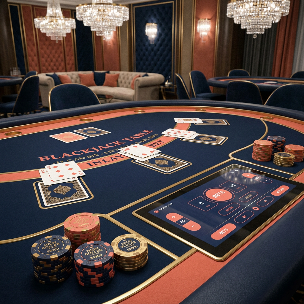 Mesa de blackjack elegante com dealer ao vivo